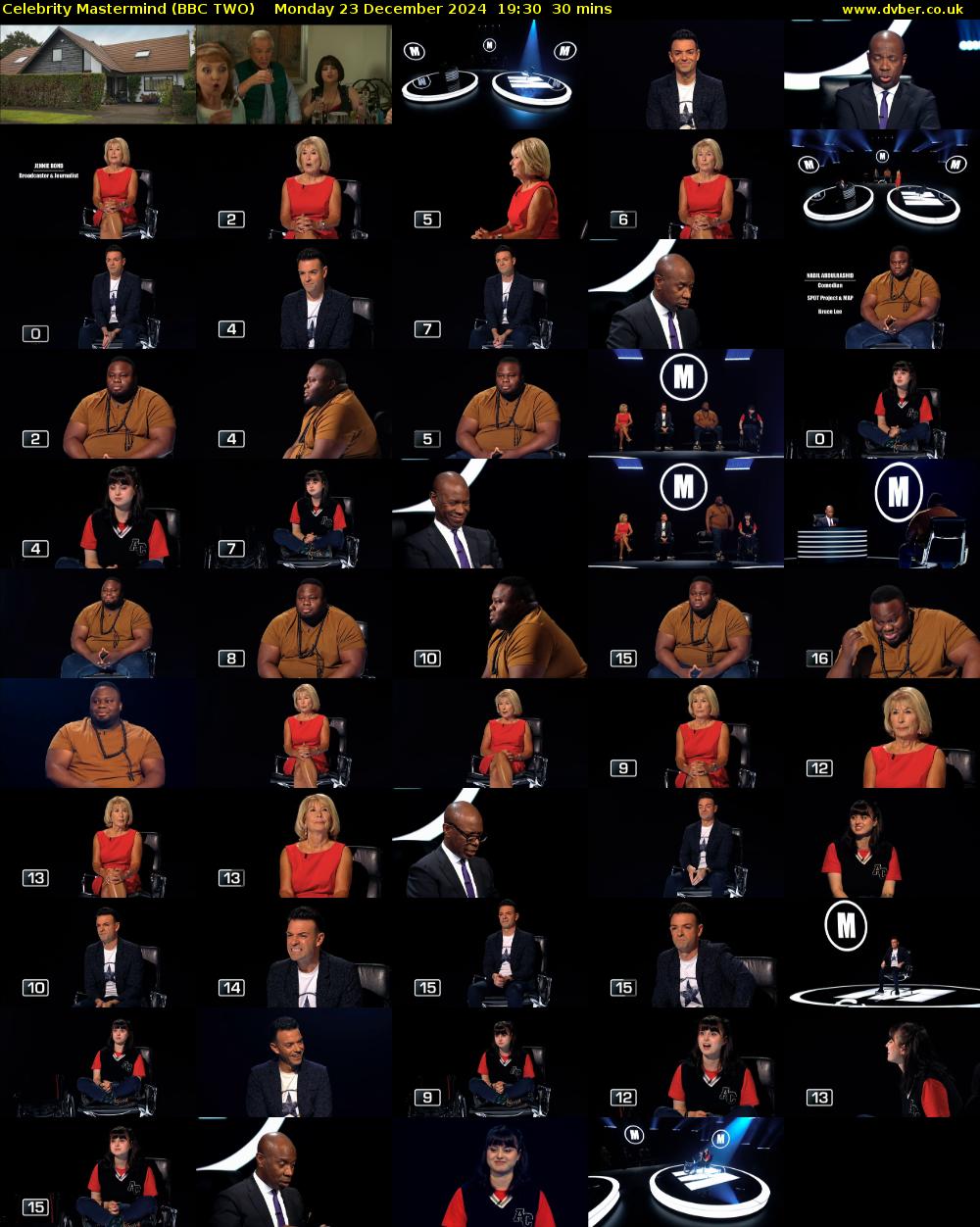 Celebrity Mastermind (BBC TWO) Monday 23 December 2024 19:30 - 20:00