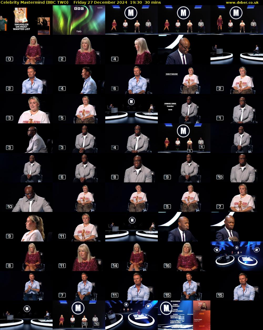 Celebrity Mastermind (BBC TWO) Friday 27 December 2024 19:30 - 20:00