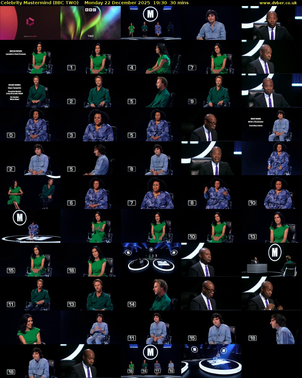 Celebrity Mastermind (BBC TWO) Monday 22 December 2025 19:30 - 20:00