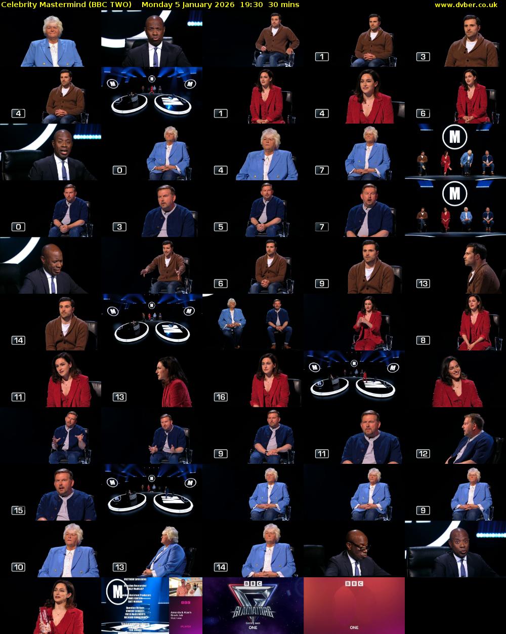 Celebrity Mastermind (BBC TWO) Monday 5 January 2026 19:30 - 20:00