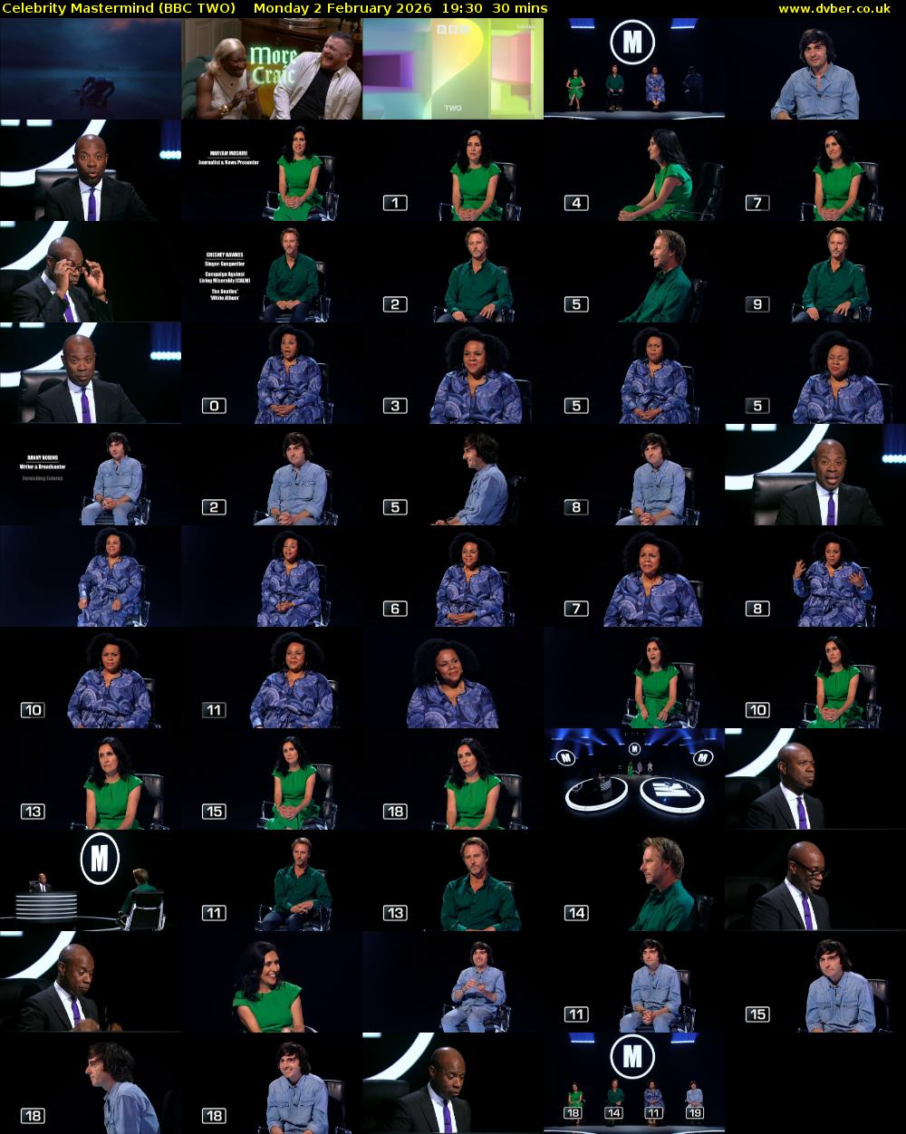 Celebrity Mastermind (BBC TWO) Monday 2 February 2026 19:30 - 20:00