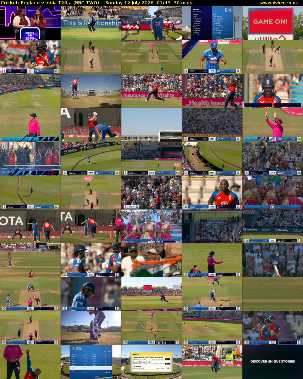 Cricket: England v India T20... (BBC TWO) Sunday 12 July 2026 01:45 - 02:15