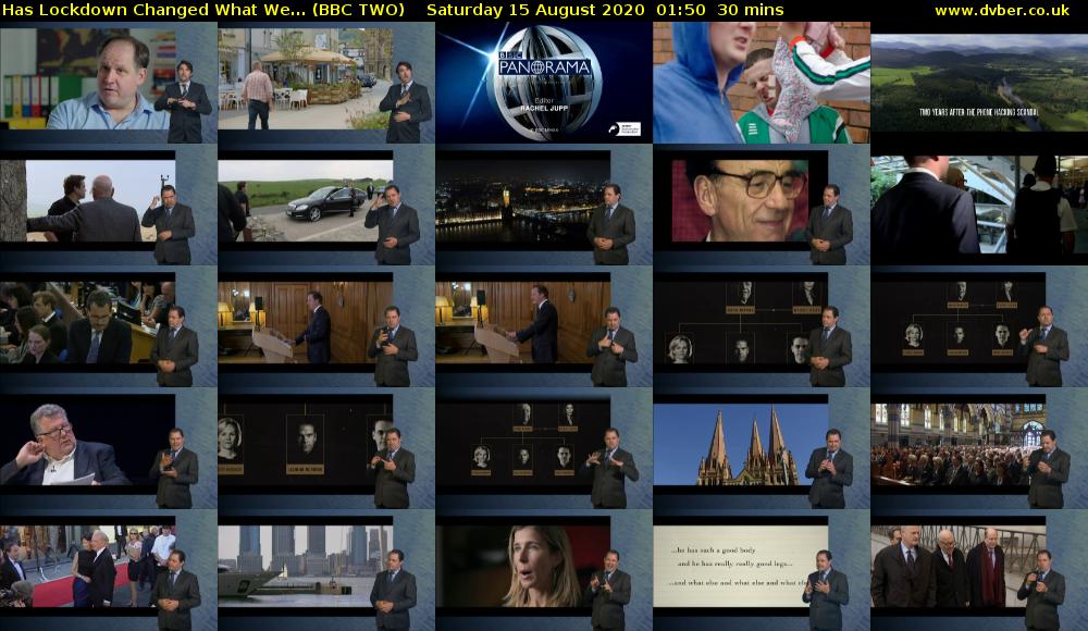Has Lockdown Changed What We... (BBC TWO) Saturday 15 August 2020 01:50 - 02:20