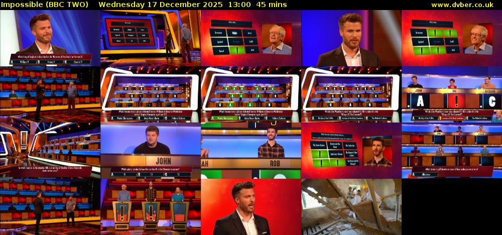 Impossible (BBC TWO) Wednesday 17 December 2025 13:00 - 13:45