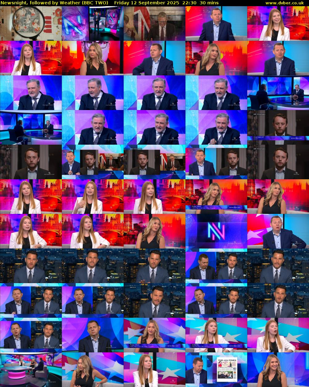 Newsnight, followed by Weather (BBC TWO) Friday 12 September 2025 22:30 - 23:00