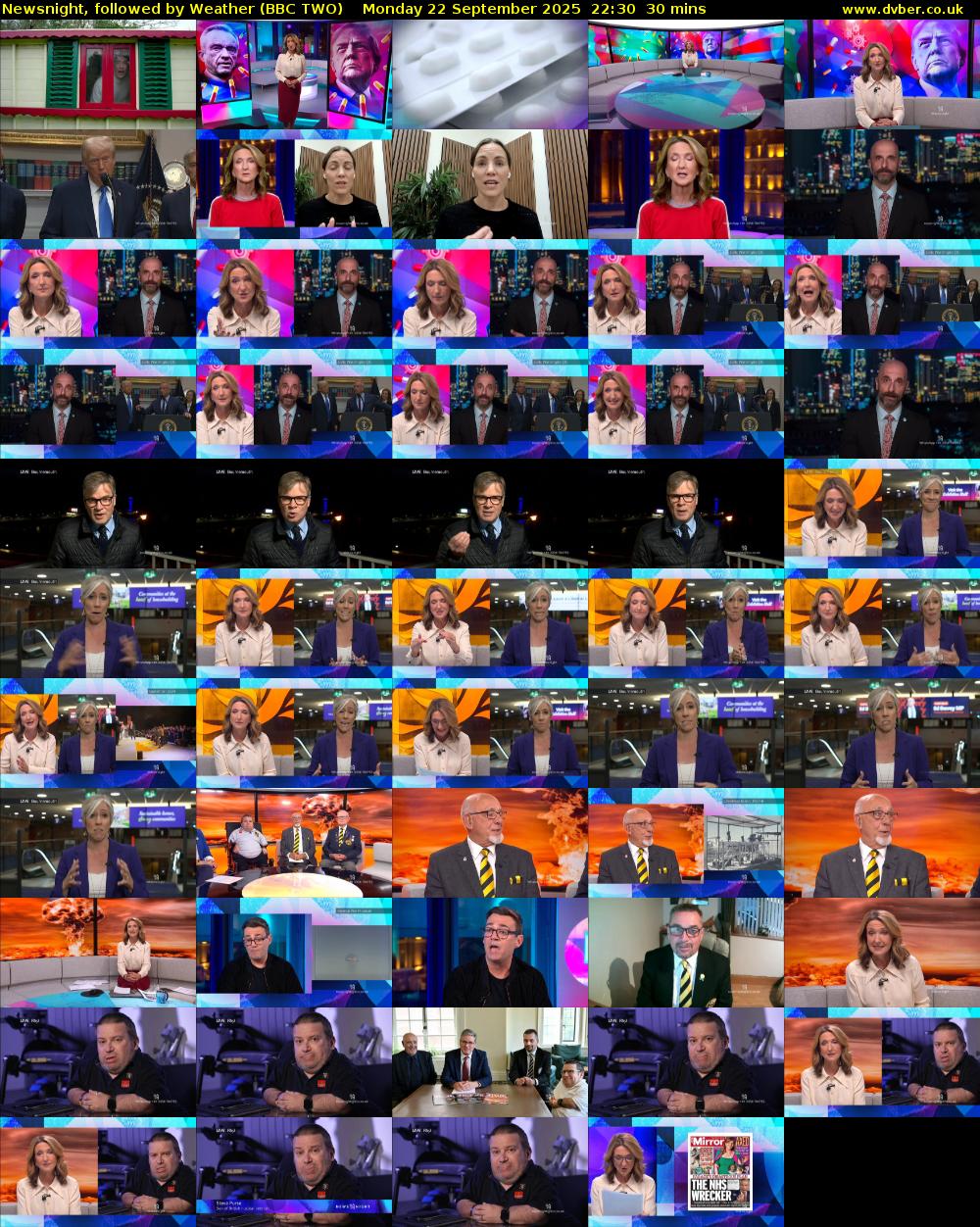 Newsnight, followed by Weather (BBC TWO) Monday 22 September 2025 22:30 - 23:00