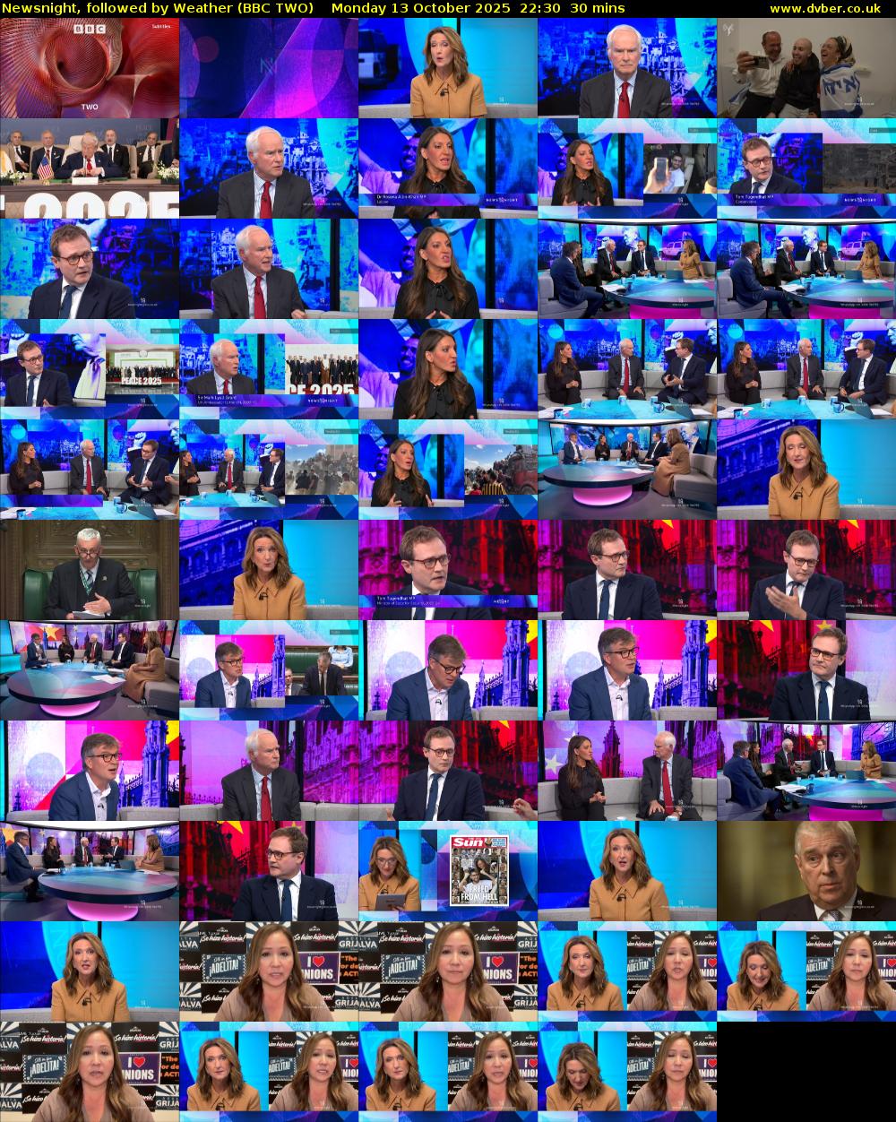 Newsnight, followed by Weather (BBC TWO) Monday 13 October 2025 22:30 - 23:00
