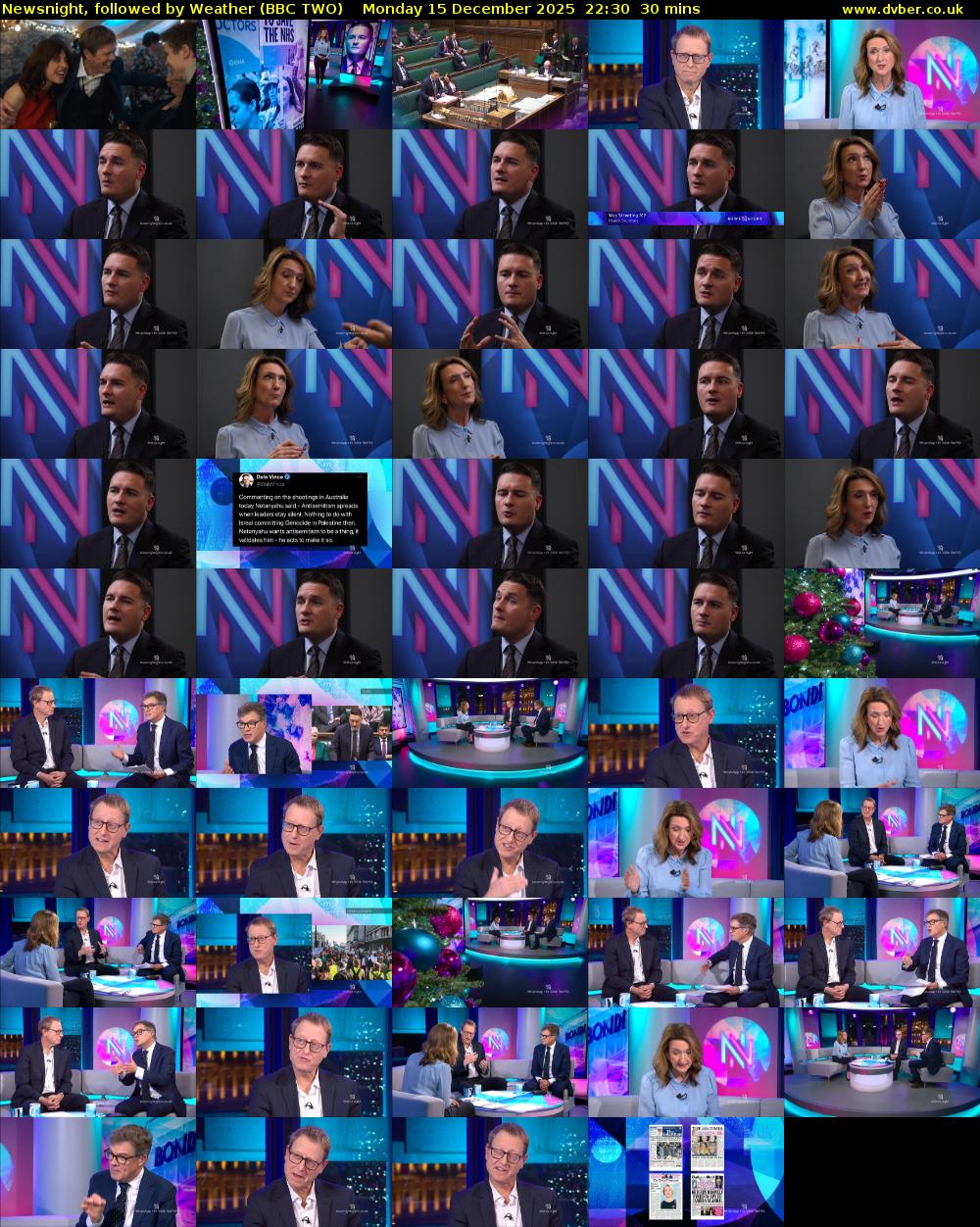 Newsnight, followed by Weather (BBC TWO) Monday 15 December 2025 22:30 - 23:00