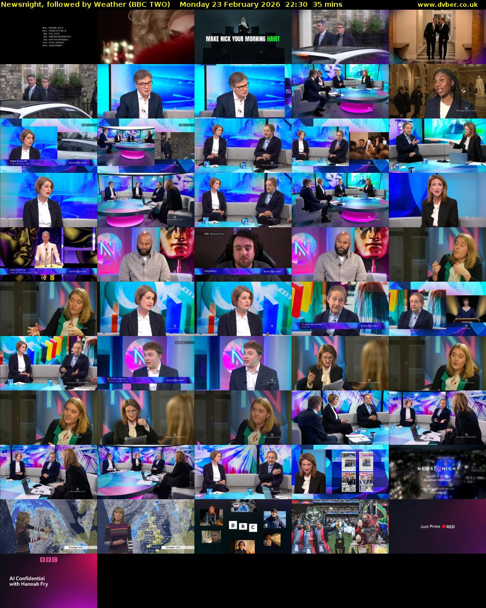Newsnight, followed by Weather (BBC TWO) Monday 23 February 2026 22:30 - 23:05