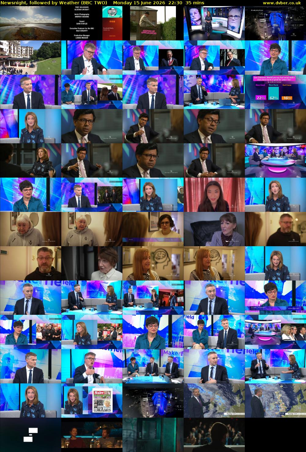 Newsnight, followed by Weather (BBC TWO) Monday 15 June 2026 22:30 - 23:05