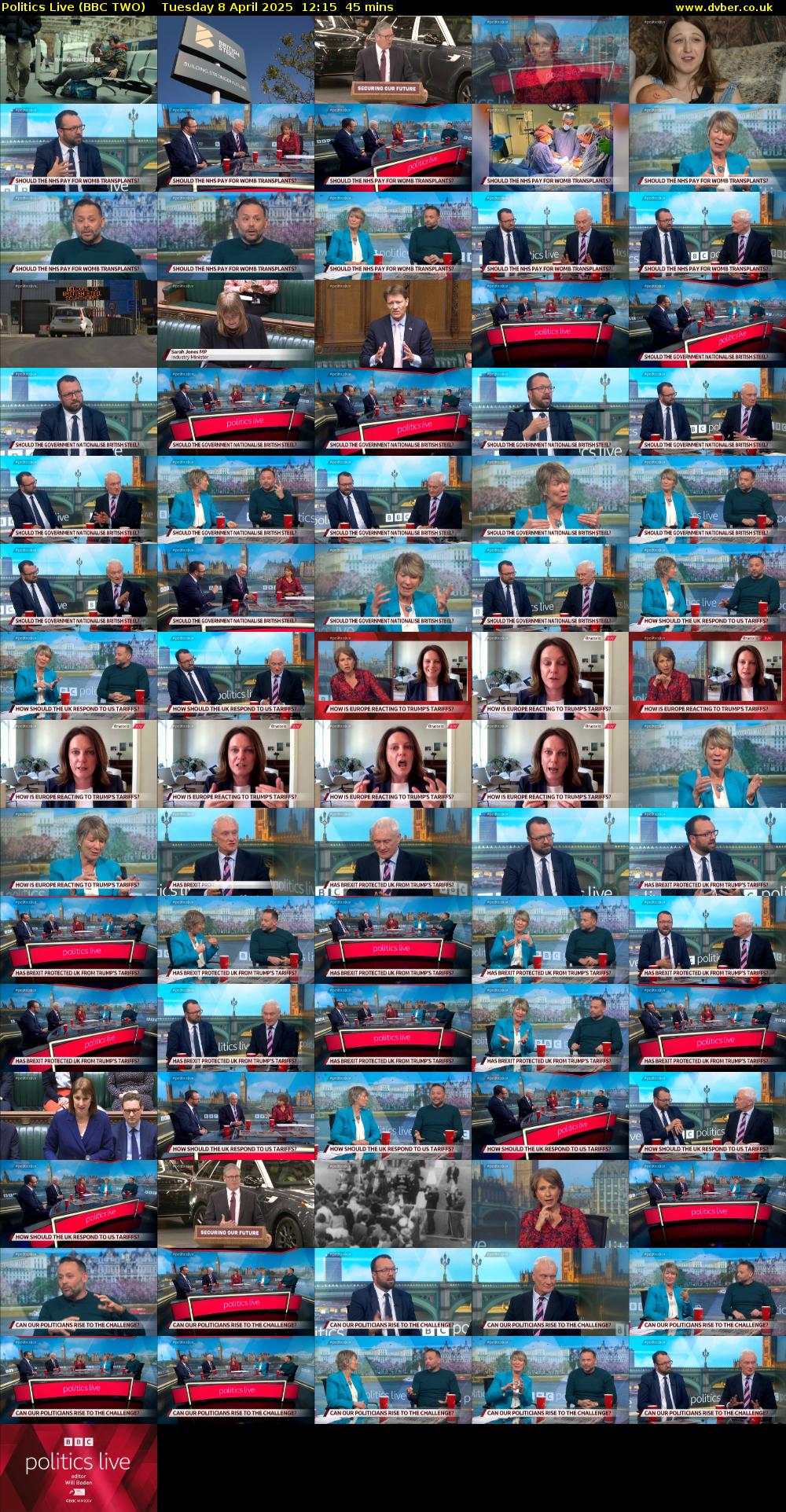 Politics Live (BBC TWO) Tuesday 8 April 2025 12:15 - 13:00