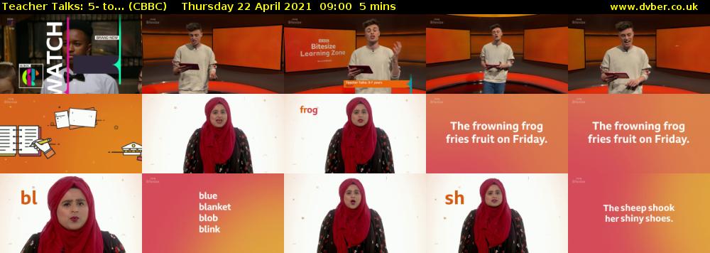Teacher Talks: 5- to... (CBBC) Thursday 22 April 2021 09:00 - 09:05