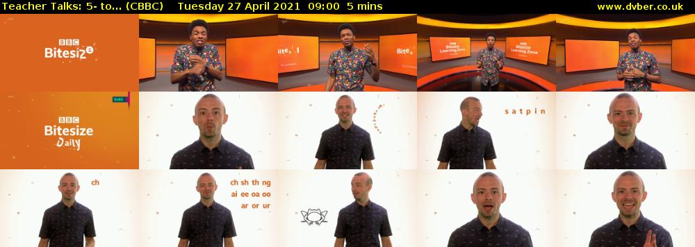 Teacher Talks: 5- to... (CBBC) Tuesday 27 April 2021 09:00 - 09:05