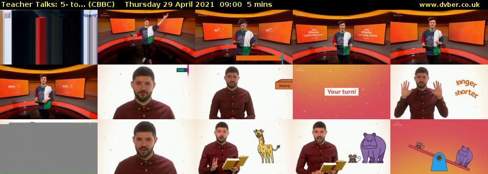 Teacher Talks: 5- to... (CBBC) Thursday 29 April 2021 09:00 - 09:05