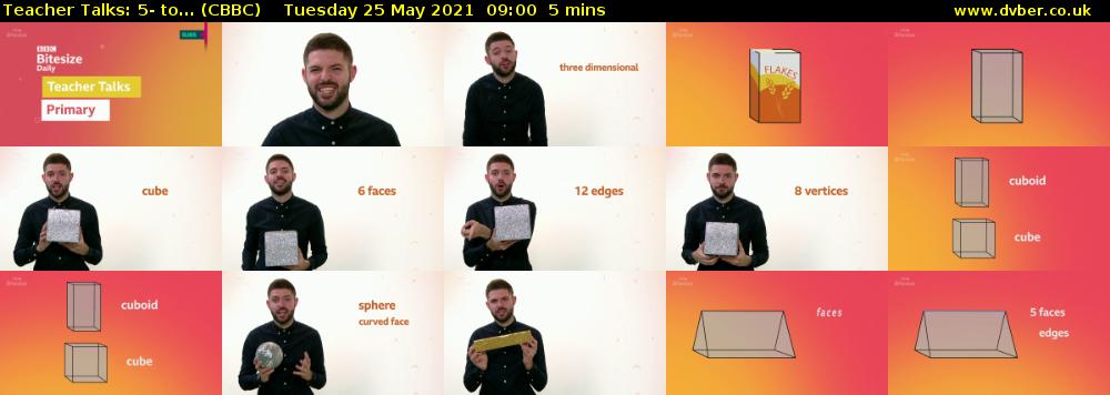 Teacher Talks: 5- to... (CBBC) Tuesday 25 May 2021 09:00 - 09:05