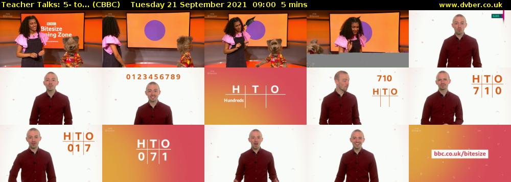 Teacher Talks: 5- to... (CBBC) Tuesday 21 September 2021 09:00 - 09:05