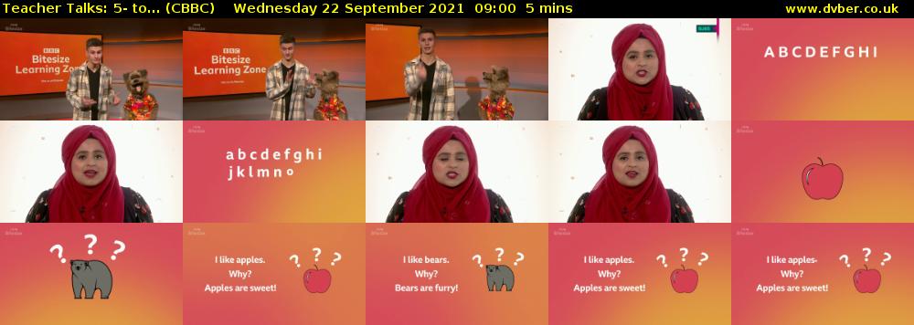 Teacher Talks: 5- to... (CBBC) Wednesday 22 September 2021 09:00 - 09:05