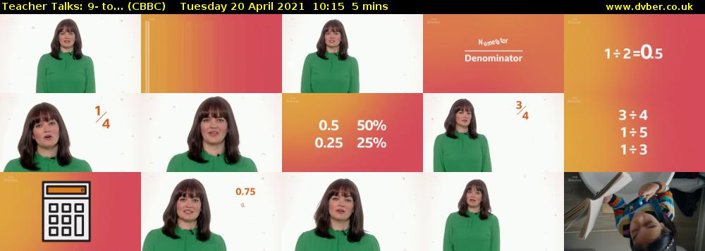 Teacher Talks: 9- to... (CBBC) Tuesday 20 April 2021 10:15 - 10:20