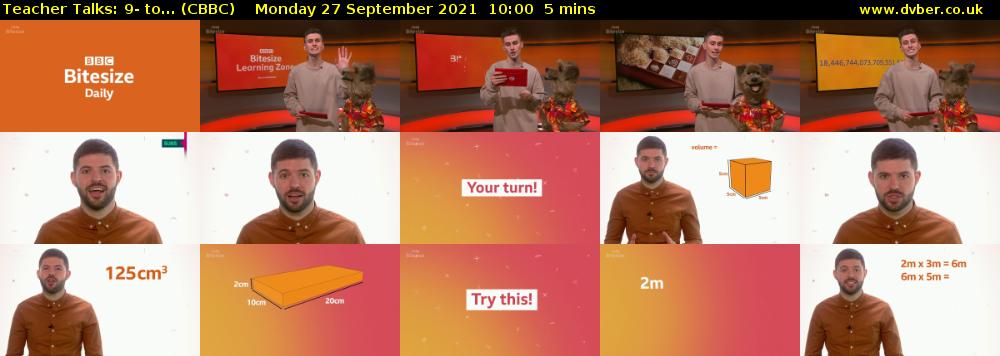 Teacher Talks: 9- to... (CBBC) Monday 27 September 2021 10:00 - 10:05