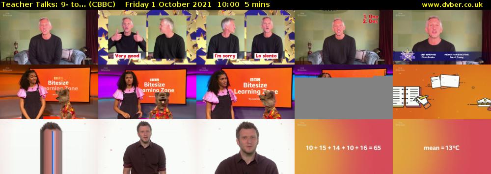 Teacher Talks: 9- to... (CBBC) Friday 1 October 2021 10:00 - 10:05