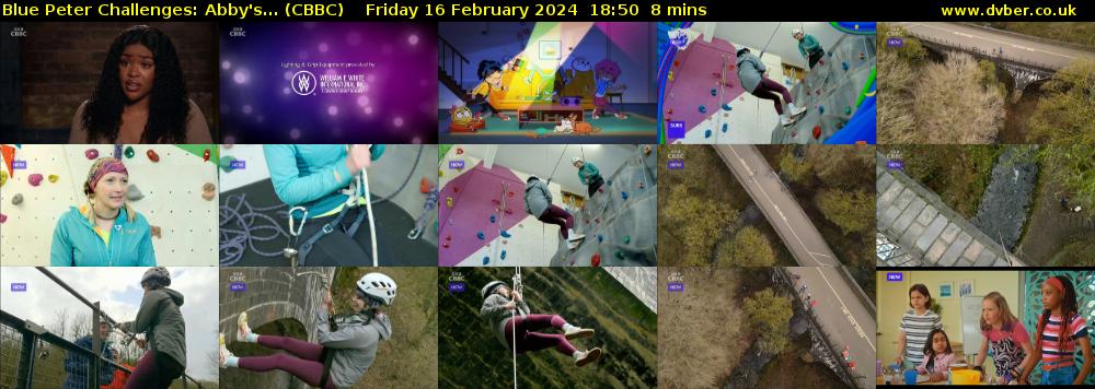 Blue Peter Challenges: Abby's... (CBBC) Friday 16 February 2024 18:50 - 18:58