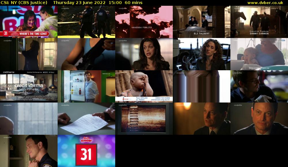CSI: NY (CBS Justice) Thursday 23 June 2022 15:00 - 16:00