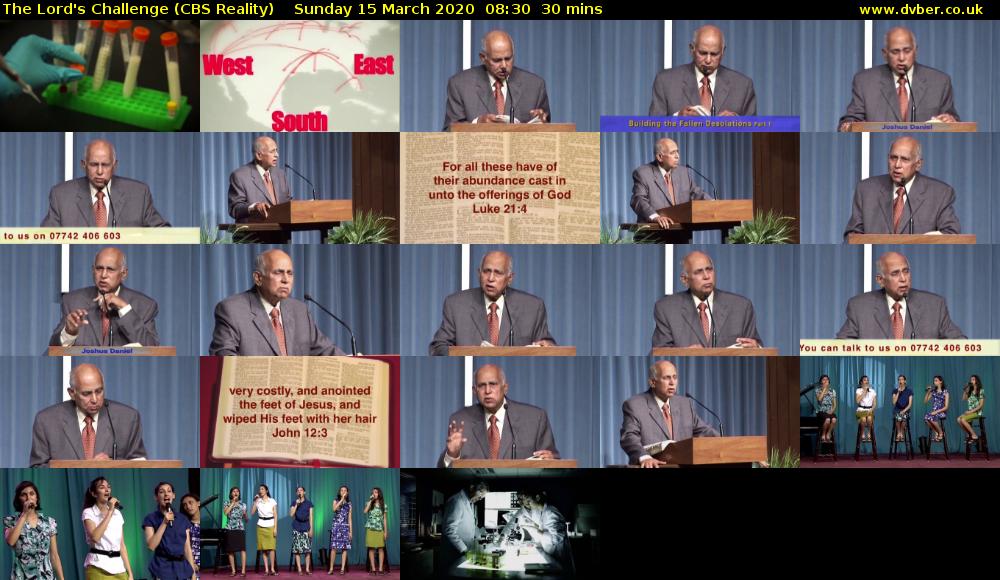 The Lord's Challenge (CBS Reality) Sunday 15 March 2020 08:30 - 09:00