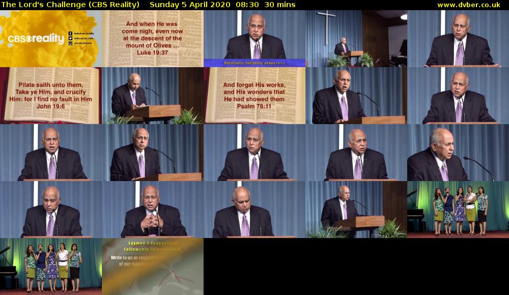 The Lord's Challenge (CBS Reality) Sunday 5 April 2020 08:30 - 09:00
