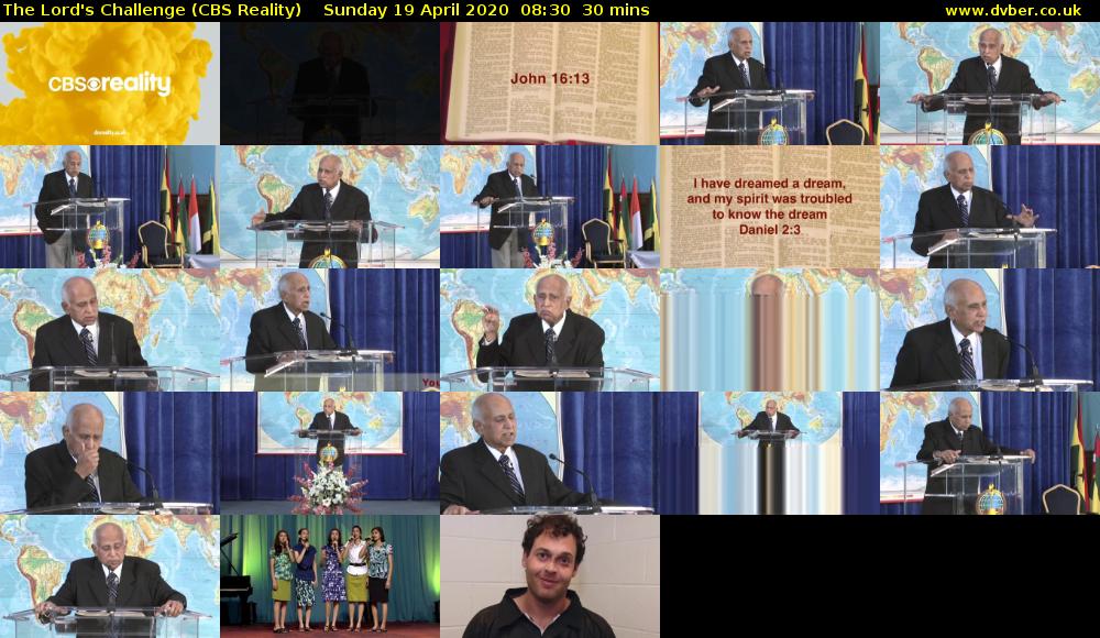 The Lord's Challenge (CBS Reality) Sunday 19 April 2020 08:30 - 09:00