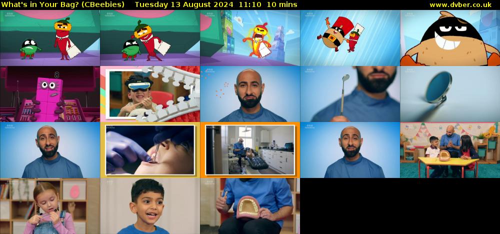 What's in Your Bag? (CBeebies) Tuesday 13 August 2024 11:10 - 11:20