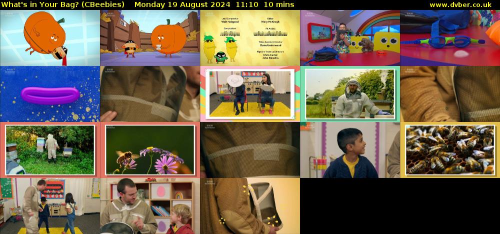 What's in Your Bag? (CBeebies) Monday 19 August 2024 11:10 - 11:20