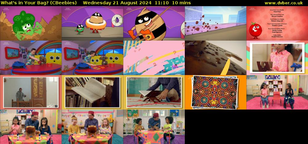 What's in Your Bag? (CBeebies) Wednesday 21 August 2024 11:10 - 11:20