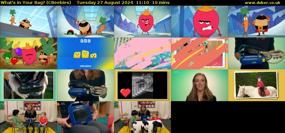 What's in Your Bag? (CBeebies) Tuesday 27 August 2024 11:10 - 11:20