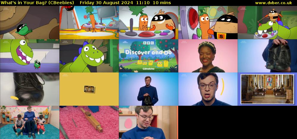 What's in Your Bag? (CBeebies) Friday 30 August 2024 11:10 - 11:20