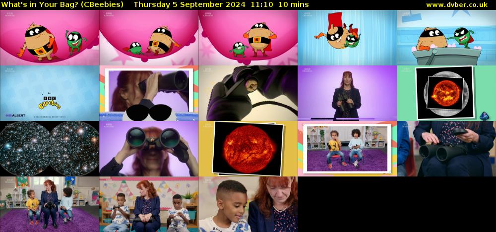 What's in Your Bag? (CBeebies) Thursday 5 September 2024 11:10 - 11:20