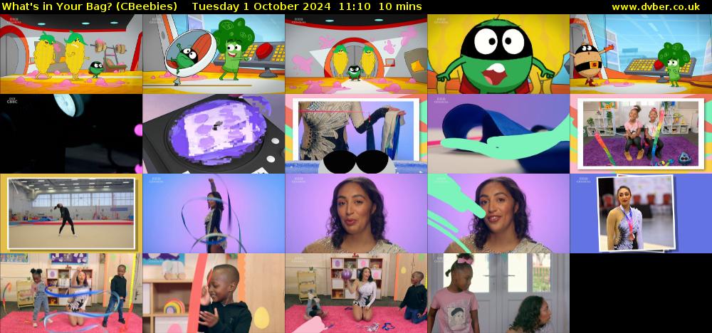 What's in Your Bag? (CBeebies) Tuesday 1 October 2024 11:10 - 11:20
