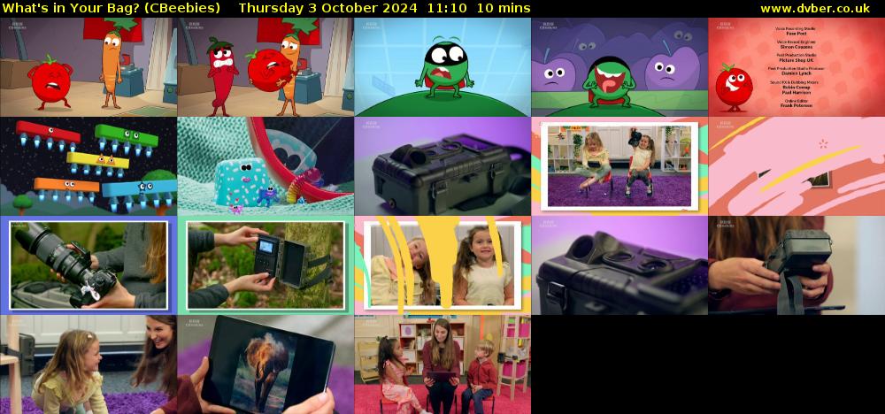 What's in Your Bag? (CBeebies) Thursday 3 October 2024 11:10 - 11:20