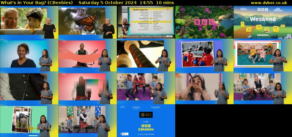 What's in Your Bag? (CBeebies) Saturday 5 October 2024 14:55 - 15:05