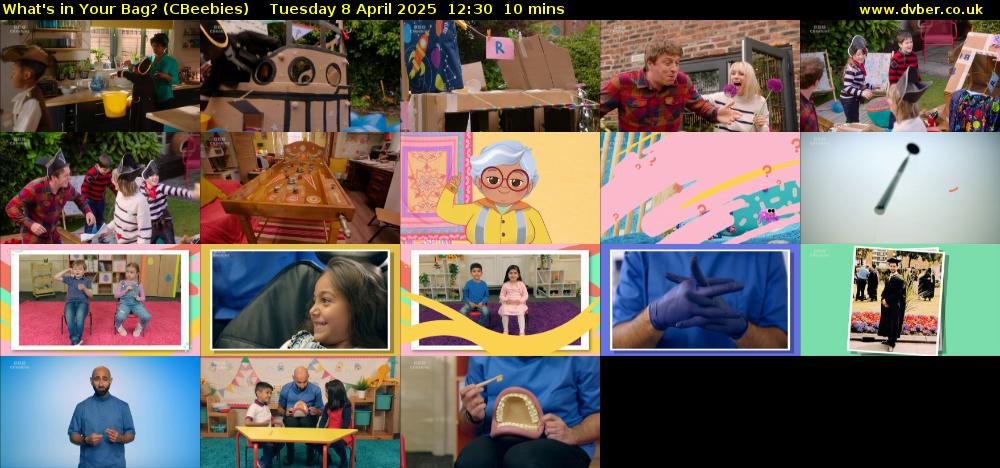 What's in Your Bag? (CBeebies) Tuesday 8 April 2025 12:30 - 12:40
