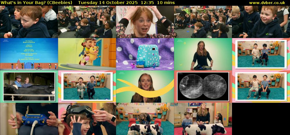 What's in Your Bag? (CBeebies) Tuesday 14 October 2025 12:35 - 12:45