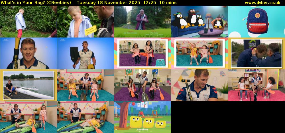What's in Your Bag? (CBeebies) Tuesday 18 November 2025 12:25 - 12:35