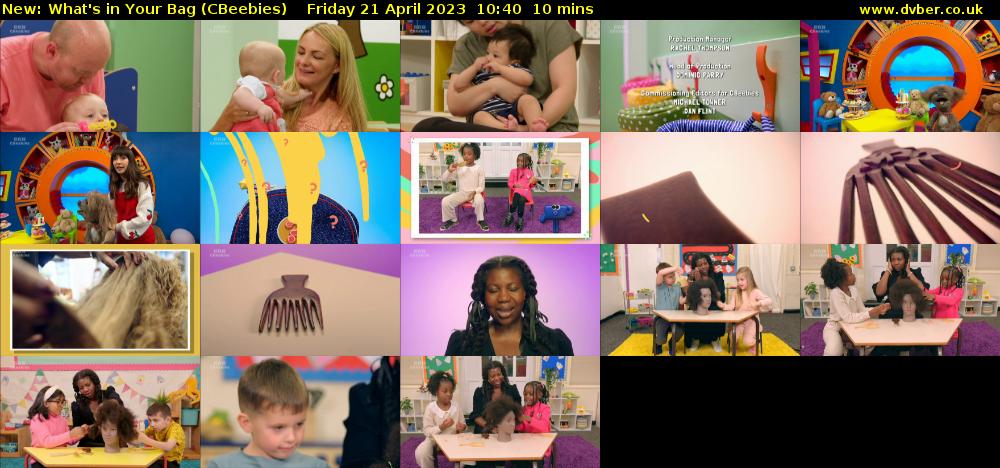 What's in Your Bag (CBeebies) Friday 21 April 2023 10:40 - 10:50