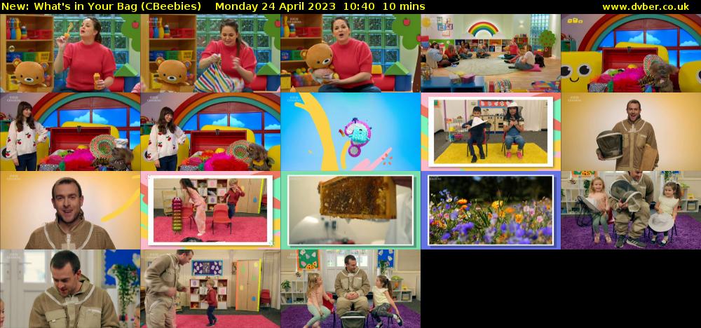What's in Your Bag (CBeebies) Monday 24 April 2023 10:40 - 10:50