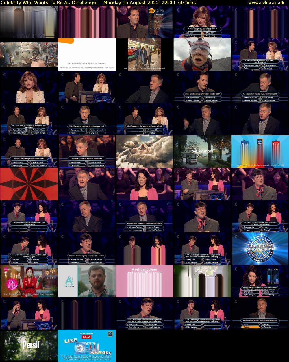 Celebrity Who Wants To Be A.. (Challenge) Monday 15 August 2022 22:00 - 23:00