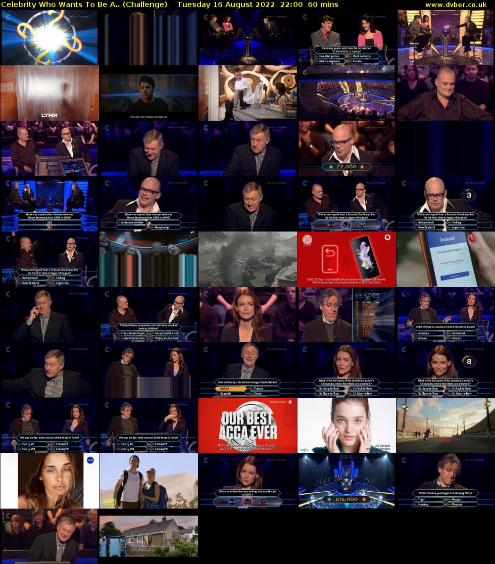 Celebrity Who Wants To Be A.. (Challenge) Tuesday 16 August 2022 22:00 - 23:00