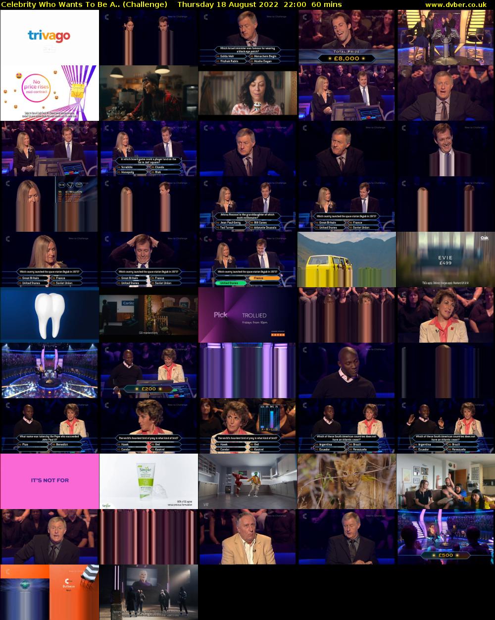 Celebrity Who Wants To Be A.. (Challenge) Thursday 18 August 2022 22:00 - 23:00