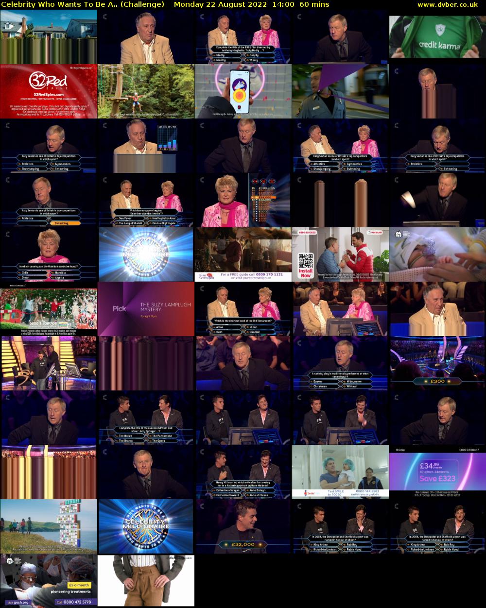 Celebrity Who Wants To Be A.. (Challenge) Monday 22 August 2022 14:00 - 15:00