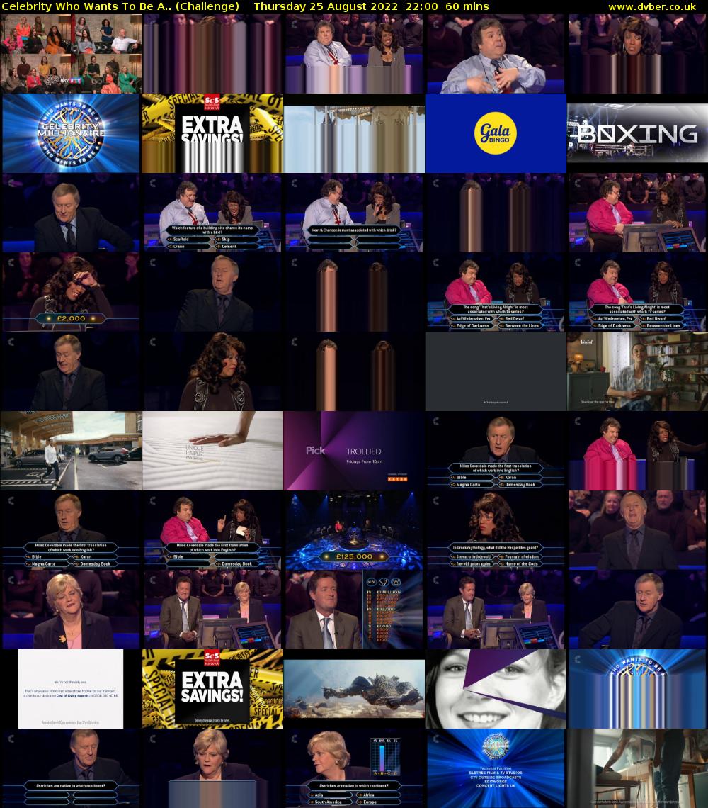 Celebrity Who Wants To Be A.. (Challenge) Thursday 25 August 2022 22:00 - 23:00