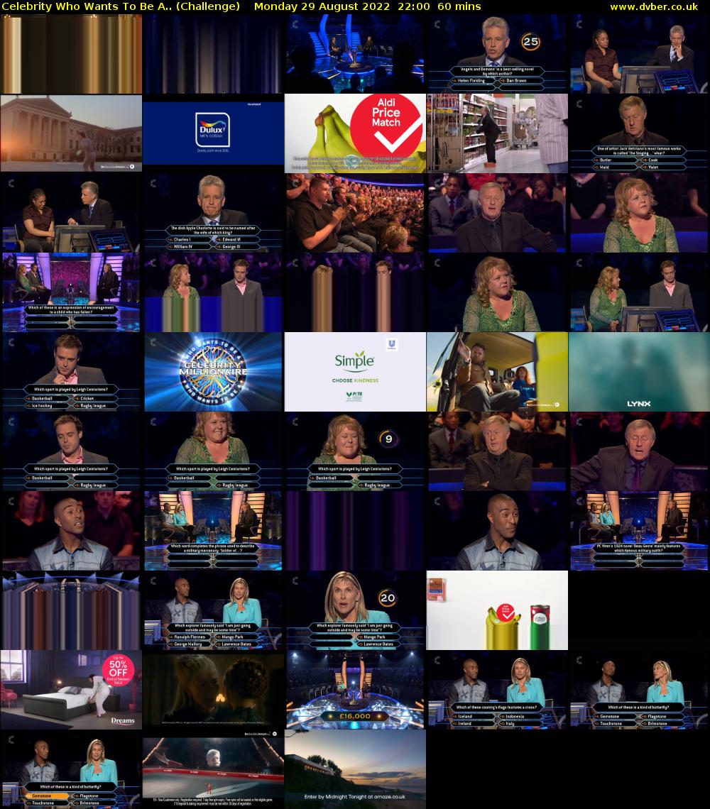 Celebrity Who Wants To Be A.. (Challenge) Monday 29 August 2022 22:00 - 23:00