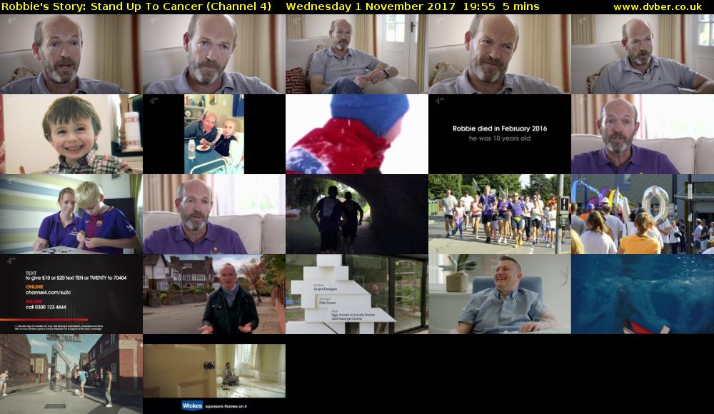 Robbie's Story: Stand Up To Cancer (Channel 4) Wednesday 1 November 2017 19:55 - 20:00